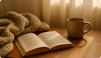 Cozy reading scene with mug and book