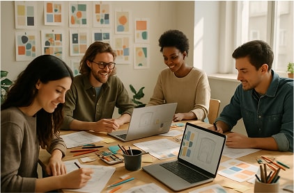 A creative studio space with a group of people working on book cover sketches and laptop mockups, art supplies on the table, moodboards on the wall, modern and minimal setting with bright daylight