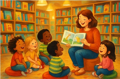 A cheerful reading corner in a bookstore, a group of young children sitting on colorful cushions, listening to a storyteller reading a picture book. Wooden shelves filled with kids’ books, warm lighting, playful and joyful vibe